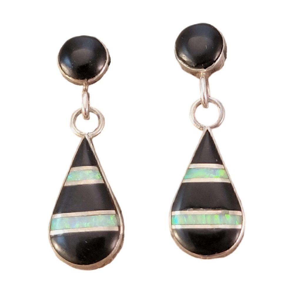 Navajo Dangle Inlaid Onyx Opal Sterling Drop Post Earrings
